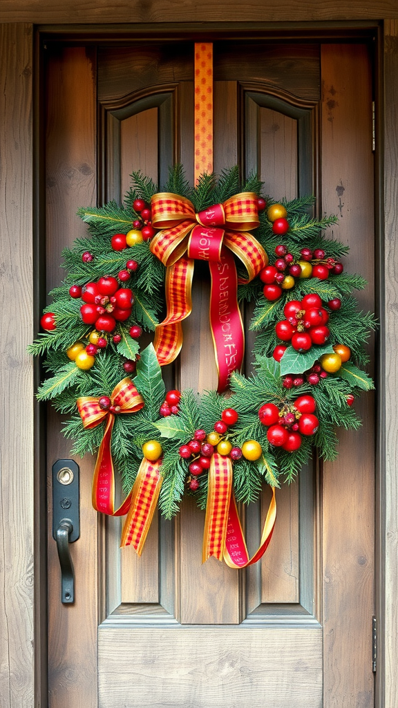 Colorful wreath with red berries and bows hanging on a wooden door.