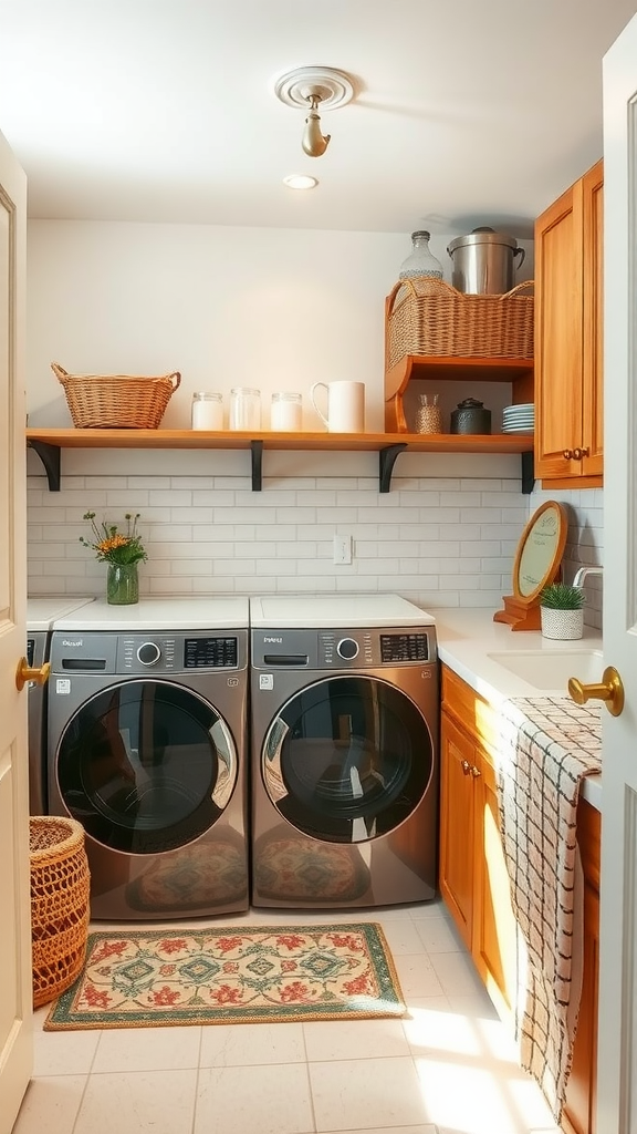 A well-organized laundry room with modern appliances, natural lighting, and decorative touches.