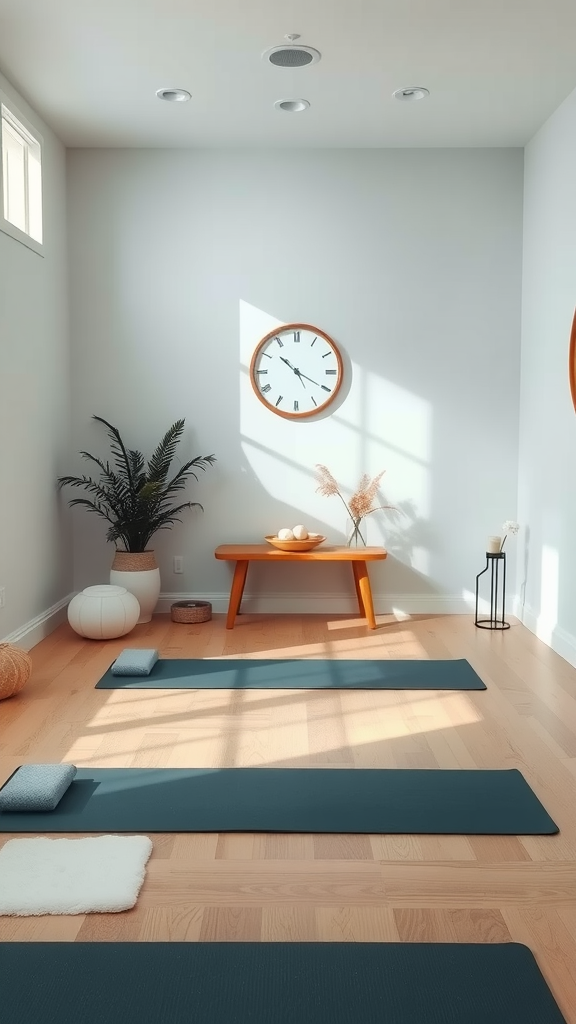 A serene wellness room with yoga mats, a clock, and natural light.