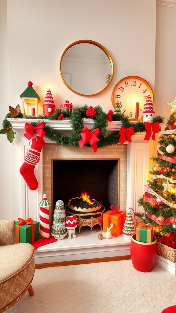 A festive holiday scene featuring a decorated fireplace with stockings, bright colors, and gift boxes.