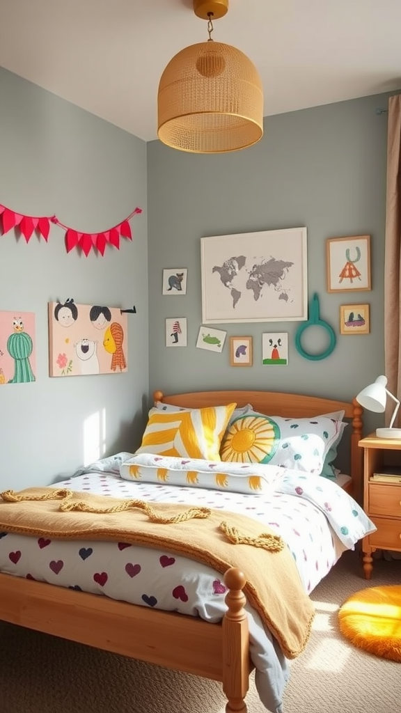 Cozy bedroom with whimsical decor, including colorful art, playful bedding, and cheerful accents.