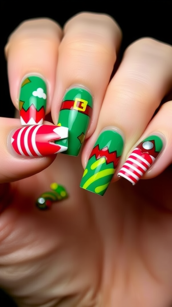 Nail art featuring playful elf hat designs in vibrant colors.