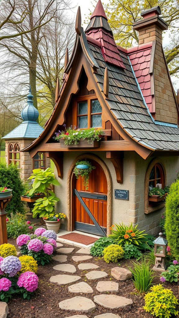 A whimsical fairy tale cottage with colorful flowers and unique architecture.