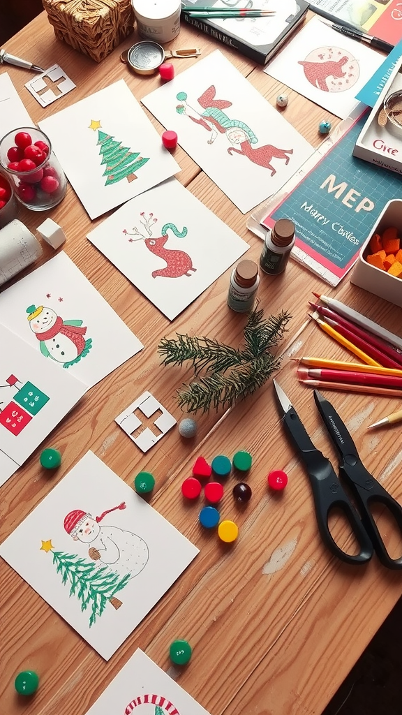 A crafting table with handmade greeting cards, colored pencils, and festive decorations.