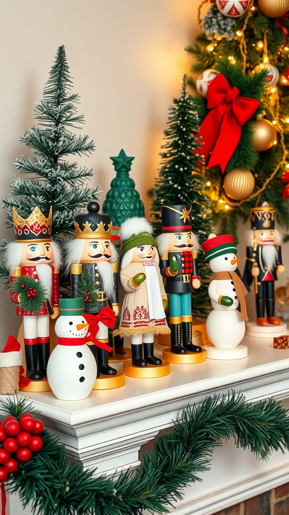 A collection of colorful holiday figurines including nutcrackers and snowmen, set against a festive backdrop.