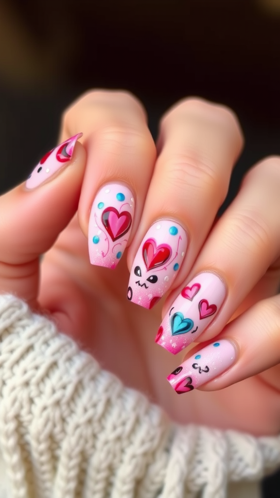 Nail art featuring whimsical love potion designs with hearts and playful colors.