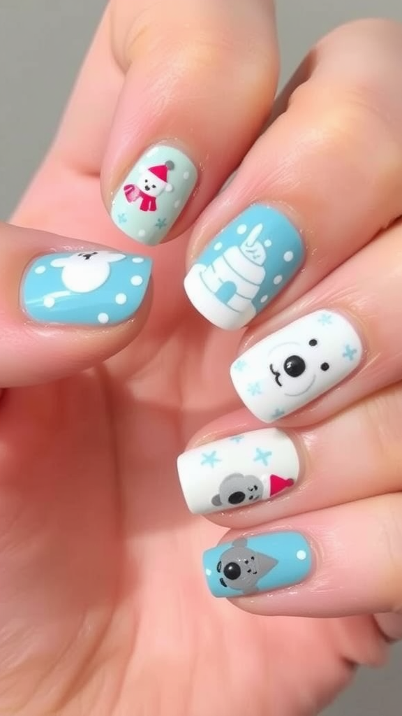 Nail art featuring whimsical North Pole themes with polar bears and snowmen.