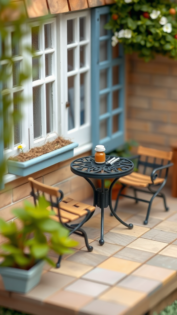 A quaint outdoor furniture setup featuring a small table and two chairs, with a decorative background of plants and a window.