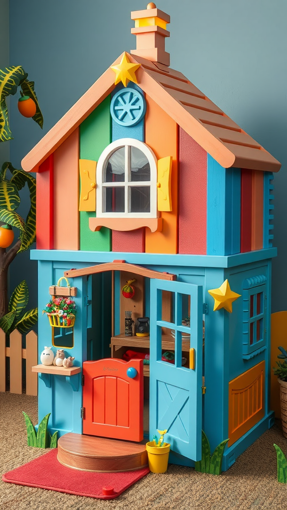 A vibrant playhouse for children with colorful walls and a welcoming entrance.