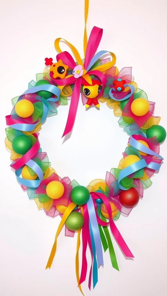 A colorful, whimsical Christmas wreath with bright ribbons and playful decorations.