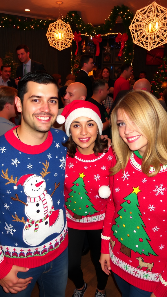 Three friends wearing whimsical holiday sweaters, smiling with festive decorations in the background.