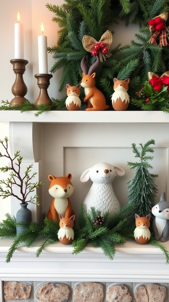 A shelf decorated with whimsical woodland creatures, including foxes, a sheep, and a decorative wreath.