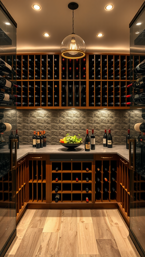 A beautifully designed wine cellar showcasing various wine bottles neatly organized on shelves with a rustic stone wall and warm lighting.