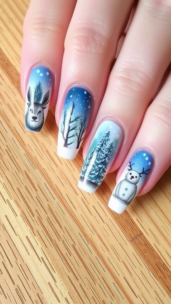 Winter-themed watercolor nail art featuring a deer, snowman, and trees.