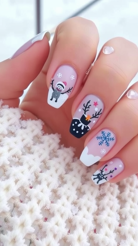 Winter-themed French tip nails with snowmen, reindeer, and snowflakes.