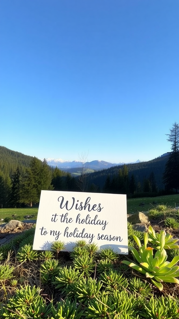 A handwritten sign in a serene landscape with mountains and greenery, reading 'Wishes it the holiday to my holiday season.'