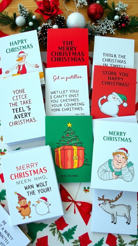 A collection of colorful Christmas cards with witty one-liners and festive designs.