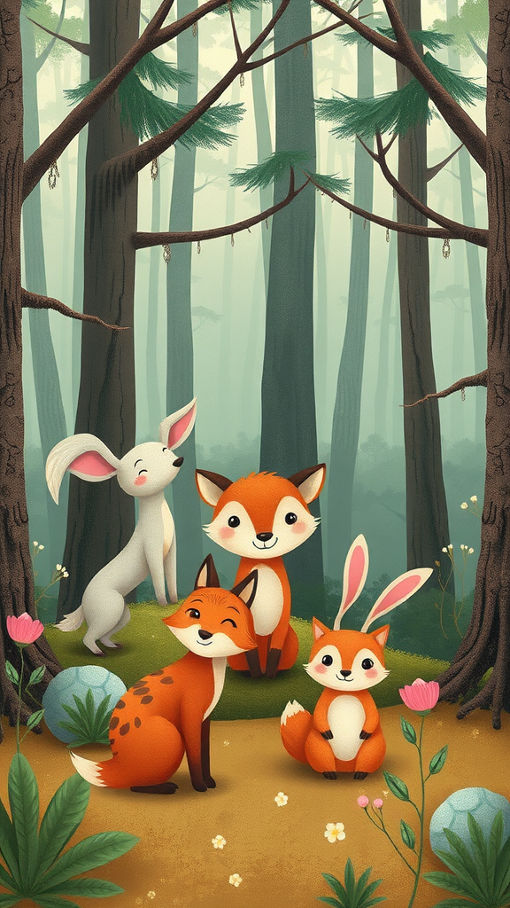 A cute illustration of woodland creatures including two foxes, a rabbit, and a bunny in a misty forest.