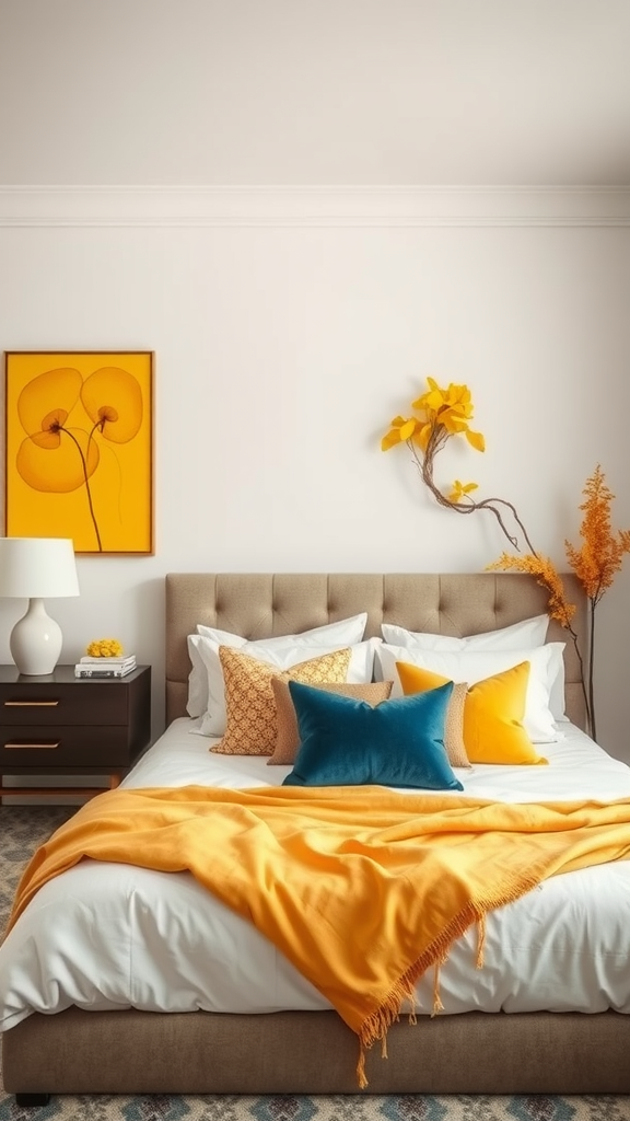 A cozy bedroom with yellow decor, featuring a bed with colorful pillows and a framed artwork of yellow flowers on the wall.