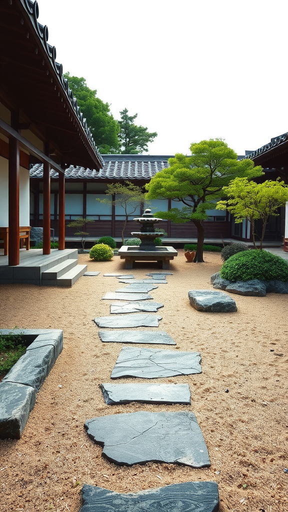 A serene zen garden featuring a stone pathway, greenery, and a stone lantern.