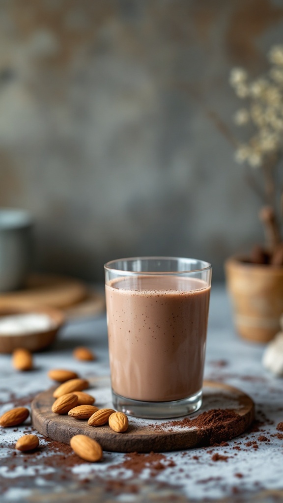 Un vaso de leche de almendras con cacao, acompañado de almendras y polvo de cacao en una mesa.