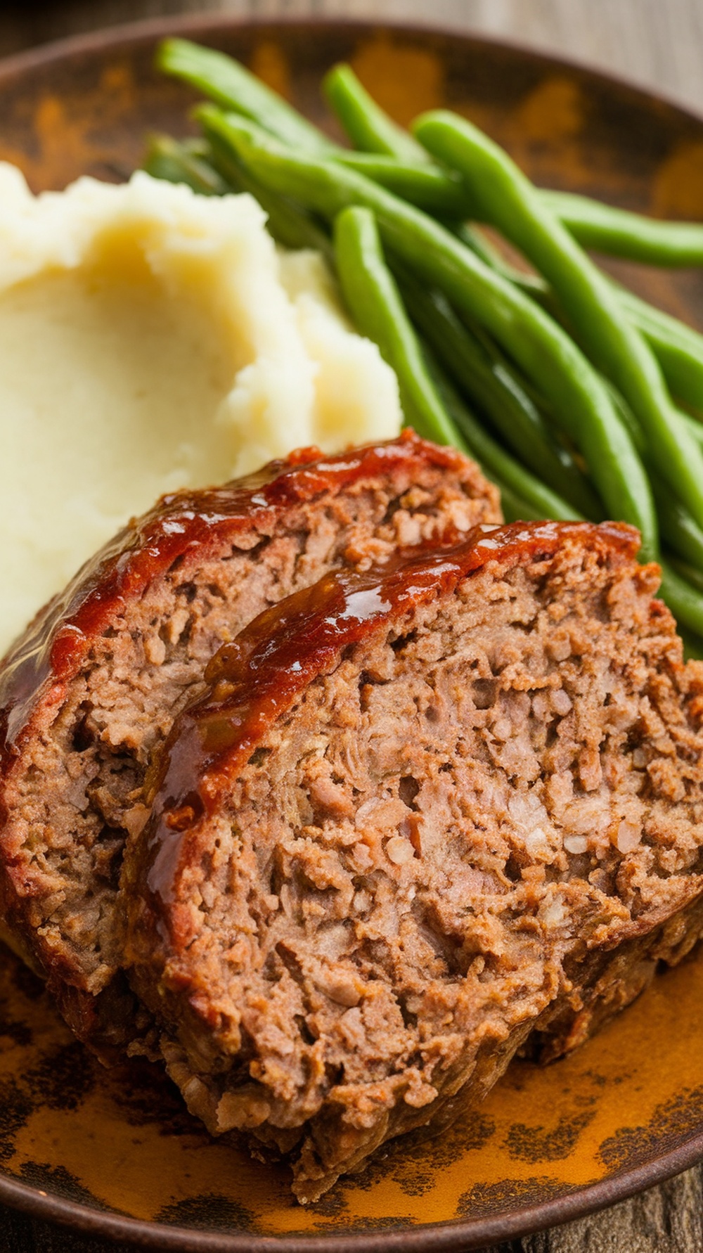 A delicious slice of Mama's Southern Homemade Meatloaf served with mashed potatoes and green beans.