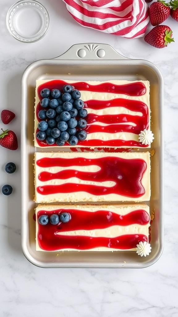 Delicious American Flag Cheesecake Bars with berry toppings