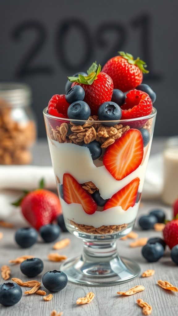 A colorful berry parfait with layers of yogurt, granola, strawberries, and blueberries.