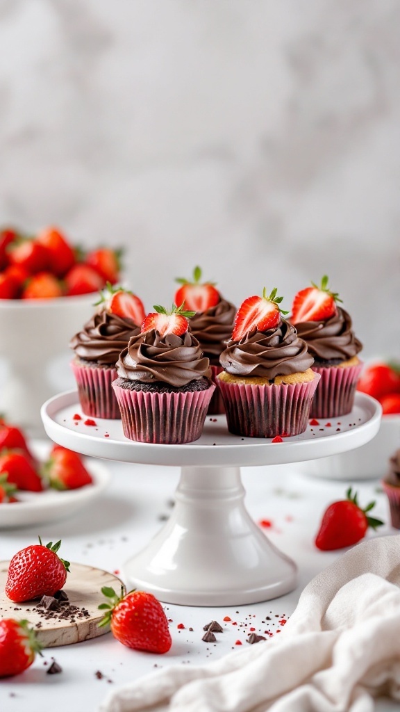 Chocolate-Covered Strawberry Cupcakes on a white pedestal with fresh strawberries around them.