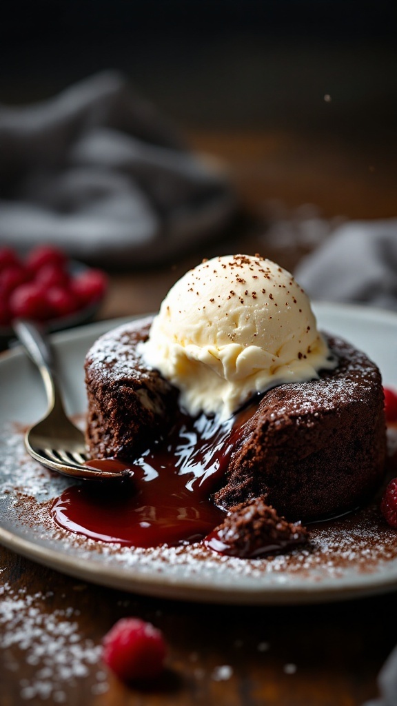 A delicious chocolate lava cake with a gooey center, served with a scoop of ice cream and raspberries.