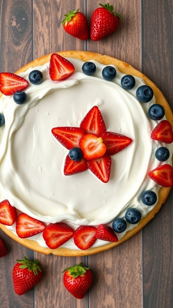 A colorful Flag Fruit Pizza topped with strawberries and blueberries.