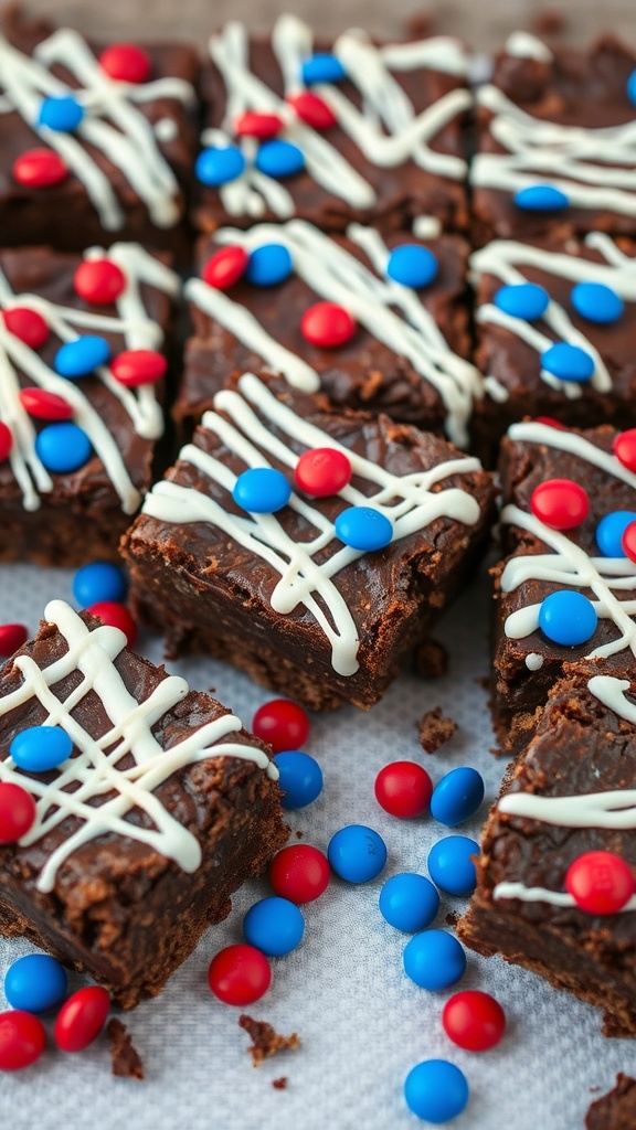 Festive Fourth of July brownies decorated with red, white, and blue.