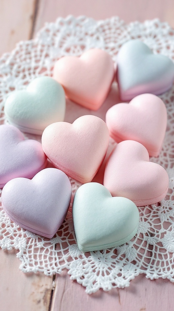 Heart-shaped meringue kisses in pastel colors