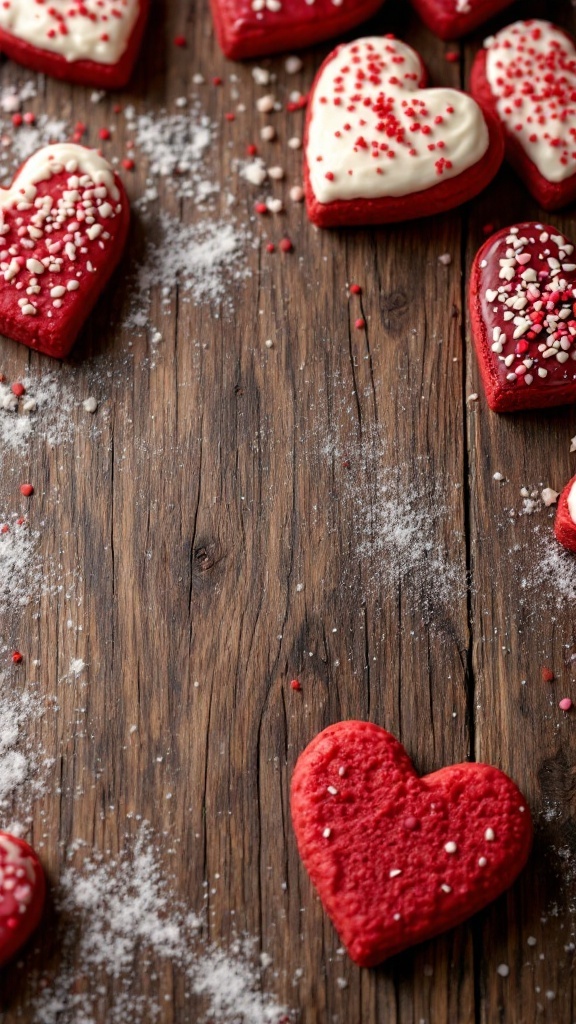 Heart-shaped red velvet cookies with white frosting and sprinkles on a rustic wooden surface