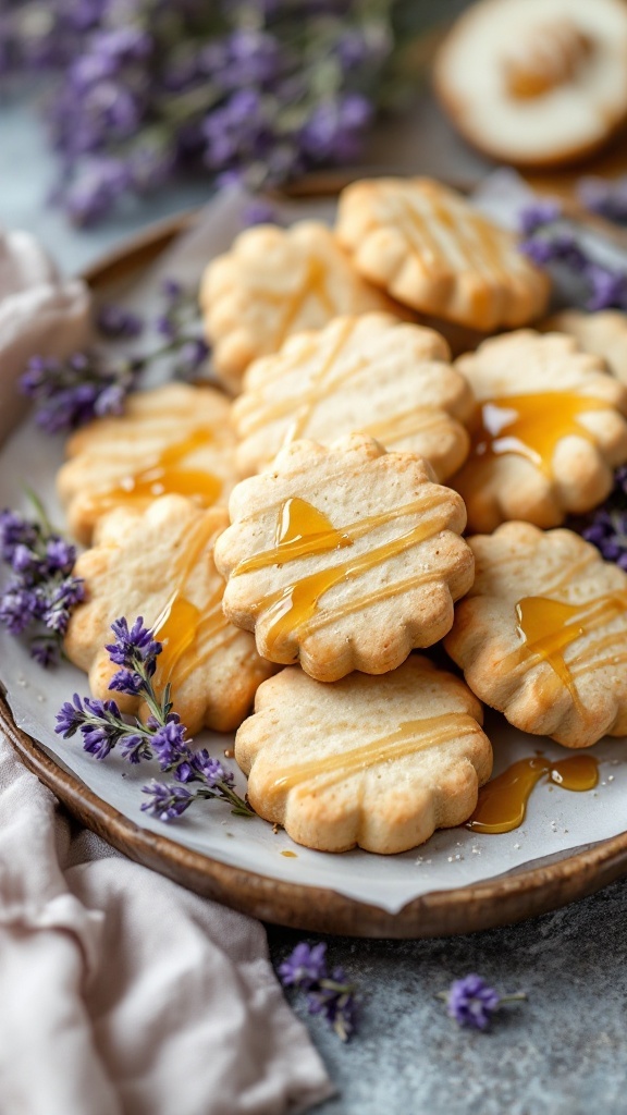 Lavender and Honey Shortbread Cookies on a plate with honey drizzle