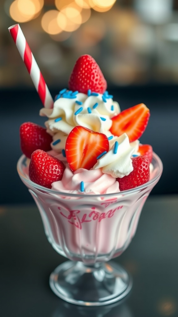 Colorful Patriotic Ice Cream Sundae with strawberries and blueberries