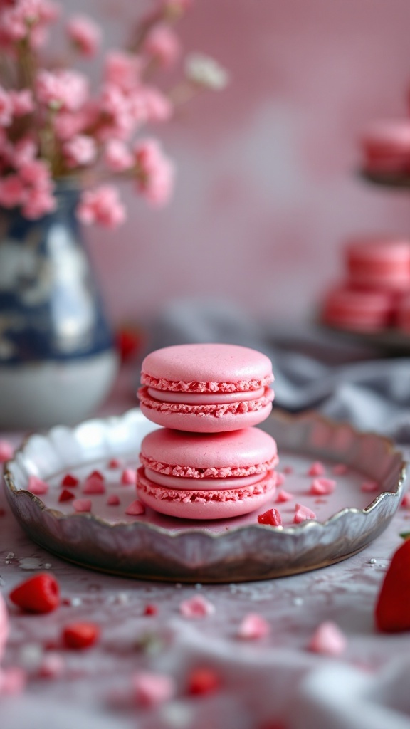 Pink macarons with strawberry cream filling