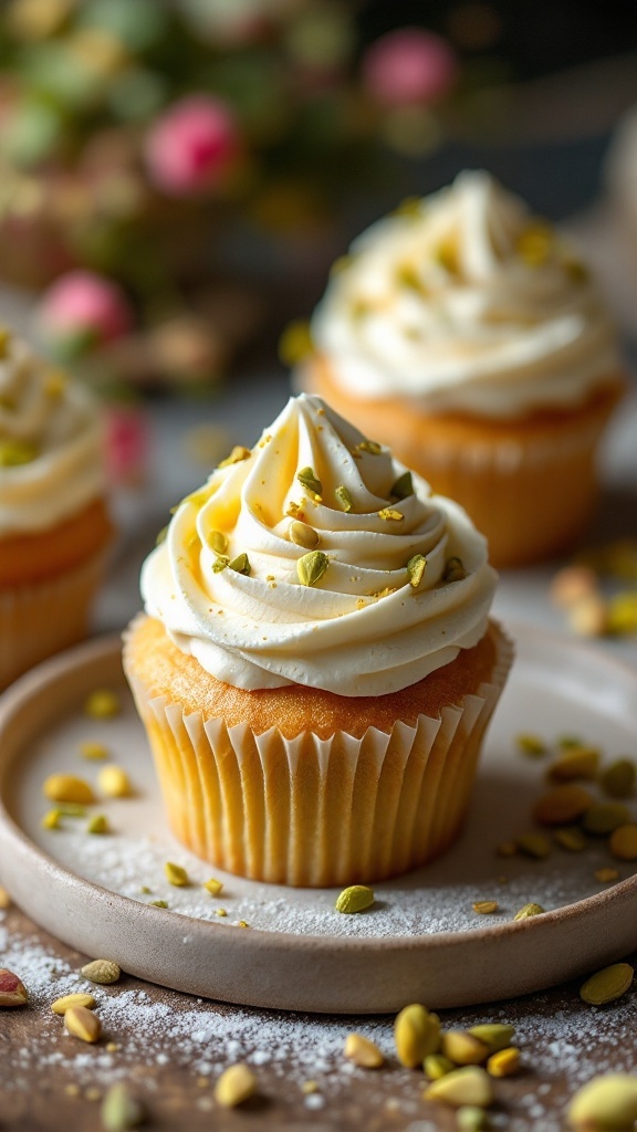 Delicious pistachio and rose water cupcakes with frosting and toppings