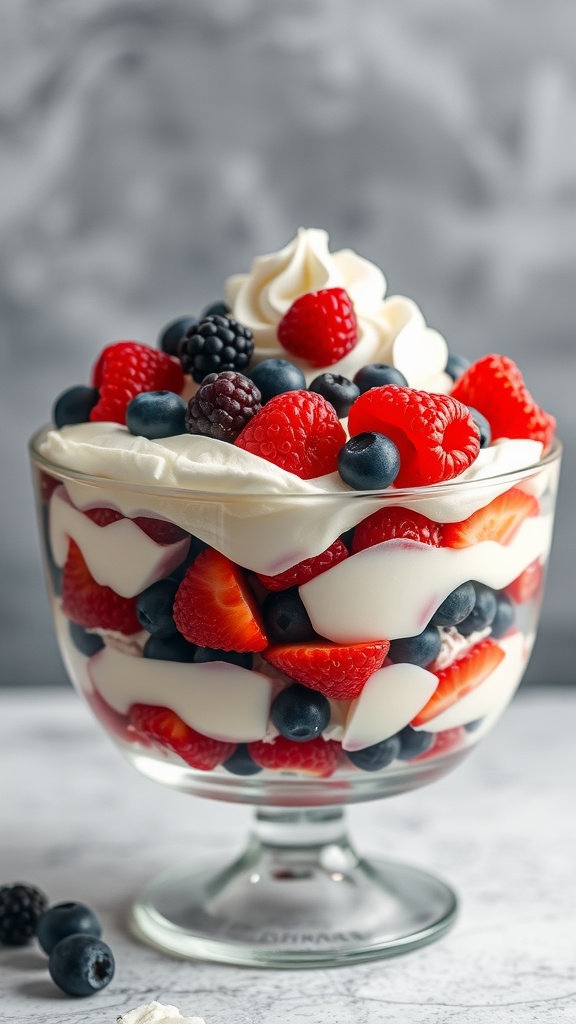 A beautifully layered Red, White, and Blueberry Trifle with strawberries, blueberries, and whipped cream.