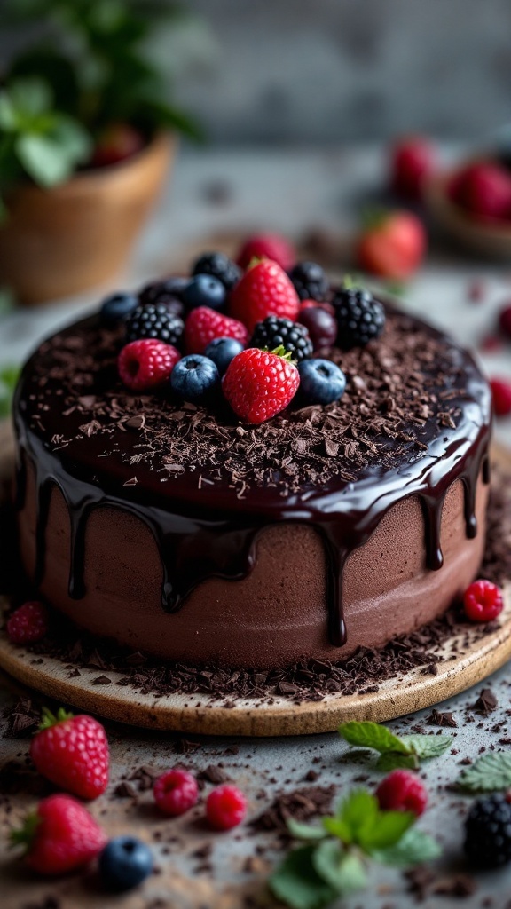 A decadent red wine chocolate cake topped with fresh berries.