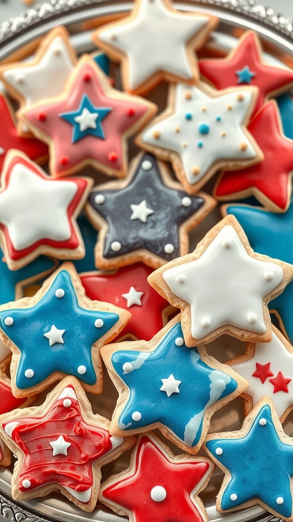 A colorful platter of star-shaped cookies decorated in red, white, and blue icing.