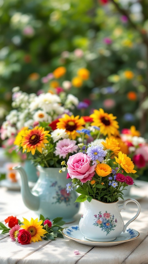 Colorful flowers arranged in vintage teapots on a table