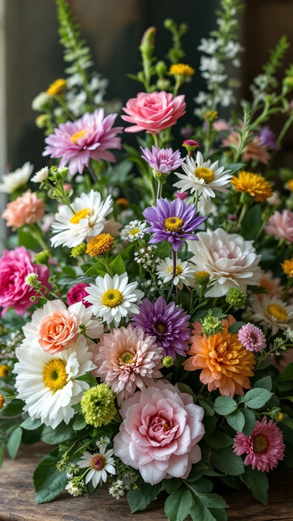 A vibrant array of flowers in a cottage garden style, featuring daisies, buttercups, and ranunculus.