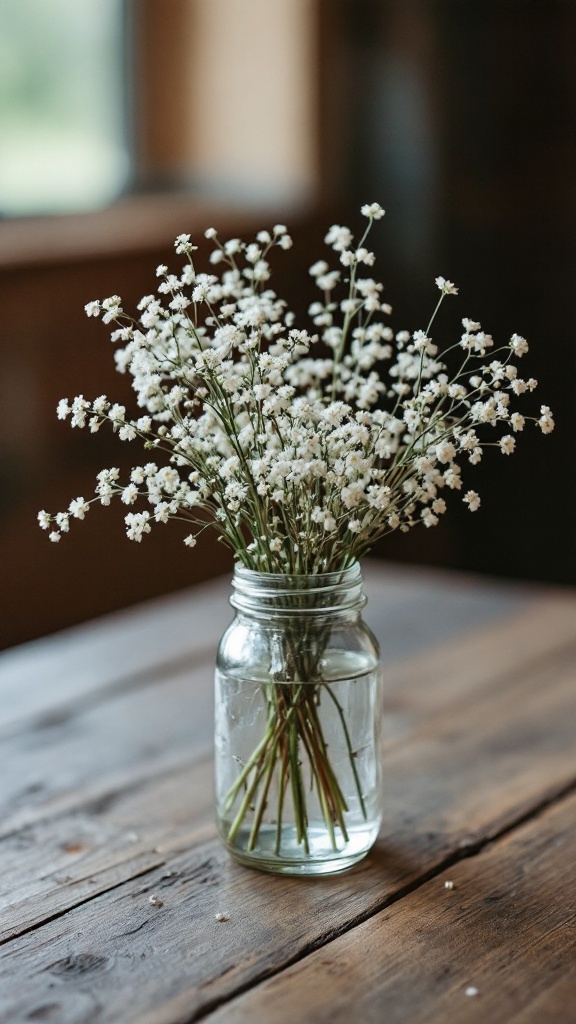 A jar filled with delicate Baby's Breath flowers on a wooden table.