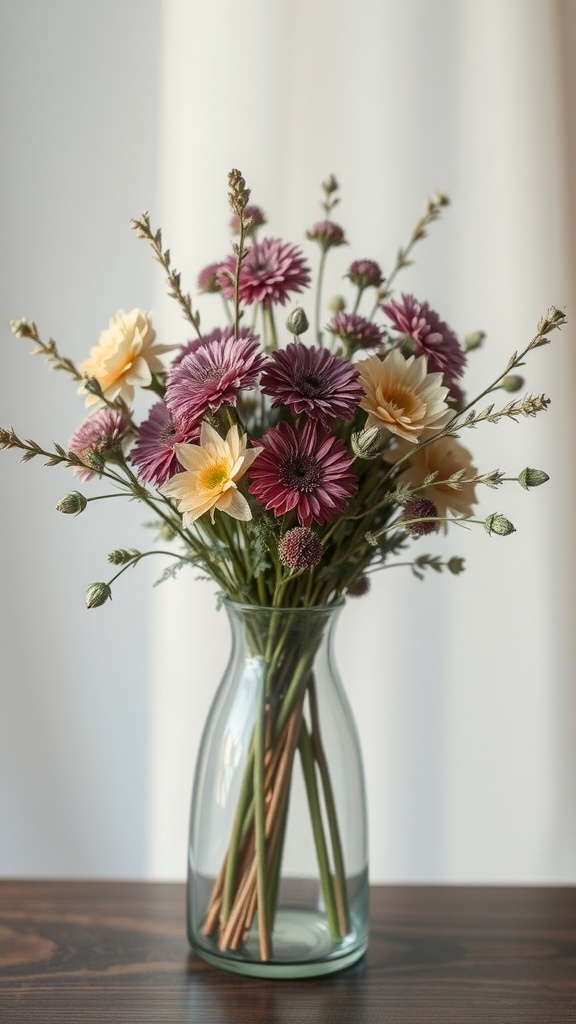 A vase filled with colorful dried flowers