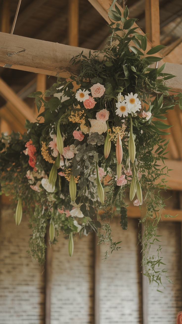 Colorful hanging floral installation featuring various flowers, creating a dramatic effect.