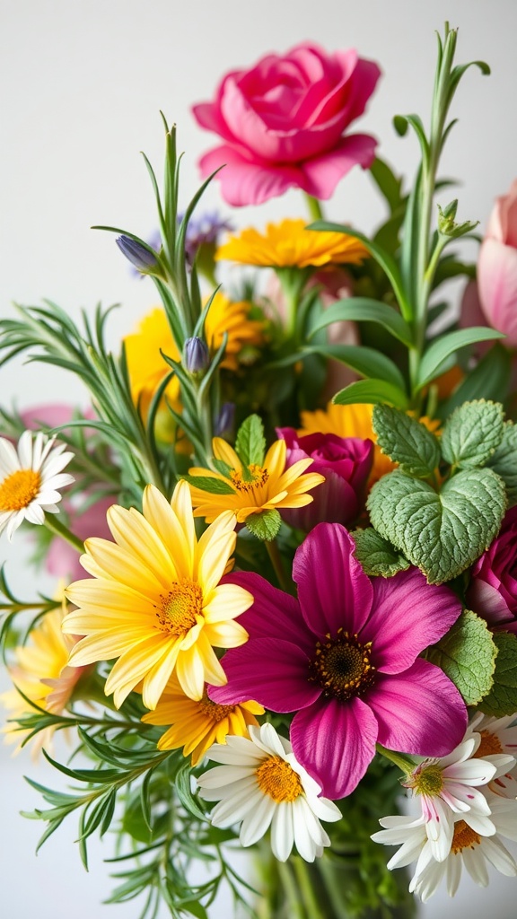 Colorful bouquet featuring herbs and flowers