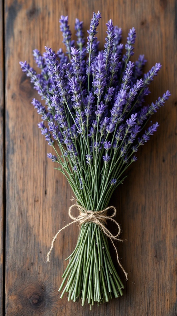 Lavender sprigs tied with twine on a wooden surface.