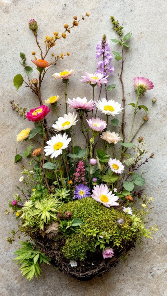A vibrant mix of flowers including daisies and tulips arranged on lush green moss.