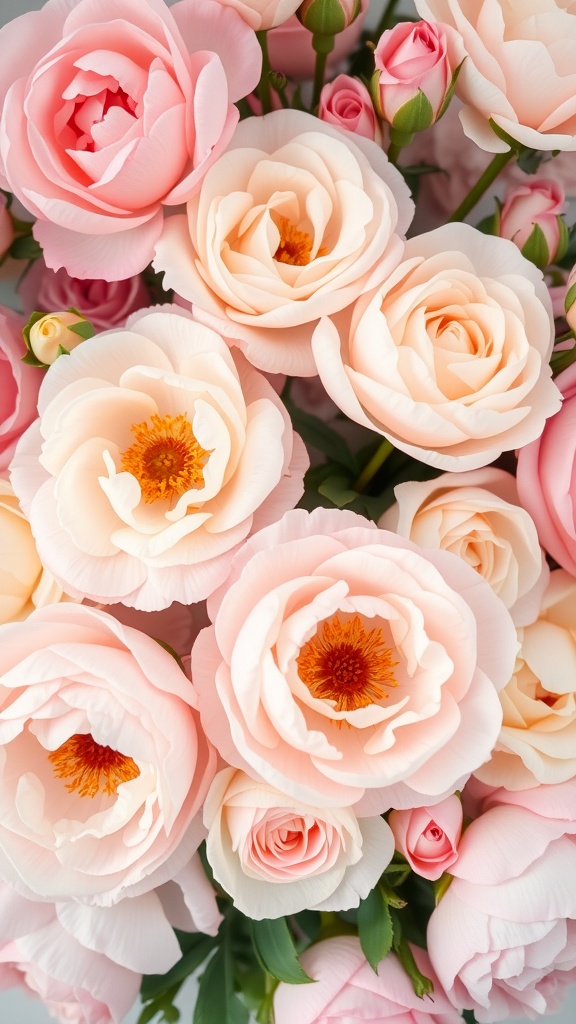A close-up of pink peonies and garden roses arranged beautifully.